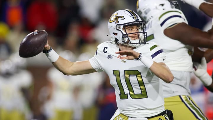 Nov 25, 2023; Atlanta, Georgia, USA; Georgia Tech Yellow Jackets quarterback Haynes King (10) throws a pass against the Georgia Bulldogs in the first quarter at Bobby Dodd Stadium at Hyundai Field. Mandatory Credit: Brett Davis-USA TODAY Sports