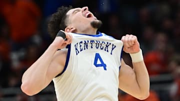 Mar 23, 2025; Milwaukee, WI, USA;  Kentucky Wildcats guard Koby Brea (4) reacts after defeating the Illinois Fighting Illini in the second round of the NCAA Tournament at Fiserv Forum. Mandatory Credit: Benny Sieu-Imagn Images