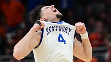 Mar 23, 2025; Milwaukee, WI, USA;  Kentucky Wildcats guard Koby Brea (4) reacts after defeating the Illinois Fighting Illini in the second round of the NCAA Tournament at Fiserv Forum. Mandatory Credit: Benny Sieu-Imagn Images