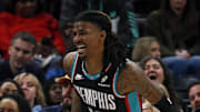 Memphis Grizzlies guard Ja Morant reacts during the fourth quarter against the Oklahoma City Thunder.
