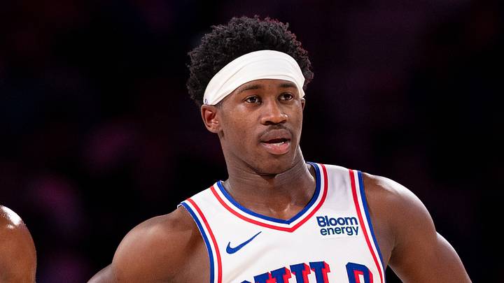 Oct 24, 2026; Philadelphia, Pennsylvania, USA; Philadelphia 76ers guard Vj Edgecombe (77) and guard Tyrese Maxey (0) look on during the second quarter against the Milwaukee Bucks at Xfinity Mobile Arena. Mandatory Credit: Bill Streicher-Imagn Images