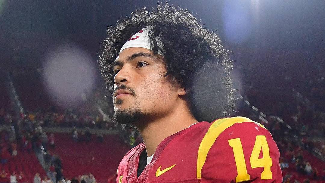 Nov 7, 2025; Los Angeles, California, USA; Southern California Trojans quarterback Jayden Maiava (14) leaves the field following the victory against the Northwestern Wildcats at the Los Angeles Memorial Coliseum. Mandatory Credit: Gary A. Vasquez-Imagn Images