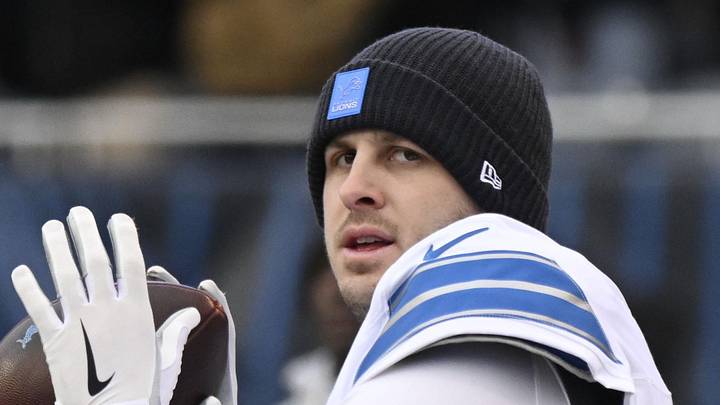 Jan 4, 2026; Chicago, Illinois, USA; Detroit Lions quarterback Jared Goff (16) warms up before the game between the Chicago Bears and the Detroit Lions at Soldier Field. Mandatory Credit: Matt Marton-Imagn Images