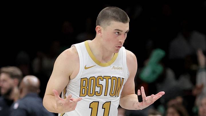 Jan 23, 2026; Brooklyn, New York, USA; Boston Celtics guard Payton Pritchard (11) celebrates his three point shot against the Brooklyn Nets during the fourth quarter at Barclays Center. Mandatory Credit: Brad Penner-Imagn Images