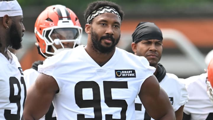 Jun 12, 2025; Berea, OH, USA; Cleveland Browns defensive end Myles Garrett (95) watches practice during mini camp at CrossCountry Mortgage Campus. Mandatory Credit: Ken Blaze-Imagn Images