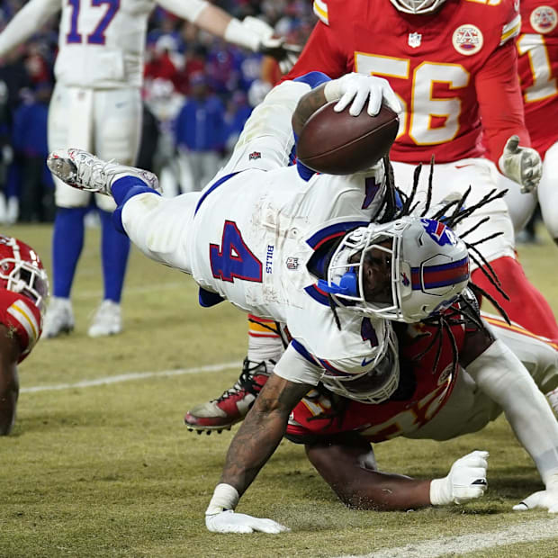 Buffalo Bills running back James Cook scores a touchdown against the Kansas City Chiefs. Buffalo Bills running back James Cook scores a touchdown against the Kansas City Chiefs.