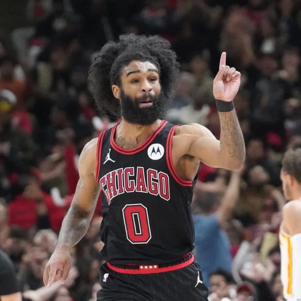 Chicago Bulls guard Coby White (0) gestures after making a 3-pointer against the Atlanta Hawks last postseason.