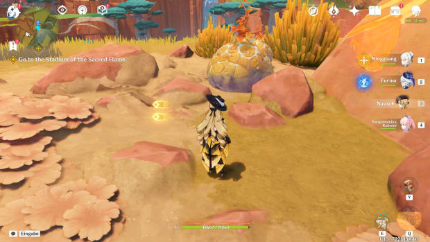 Genshin Impact screenshot showing a woman in a fancy dress staring at a rock formation.