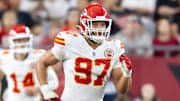 Aug 9, 2025; Glendale, Arizona, USA; Kansas City Chiefs defensive end Ashton Gillotte (97) against the Arizona Cardinals during a preseason NFL game at State Farm Stadium. Mandatory Credit: Mark J. Rebilas-Imagn Images