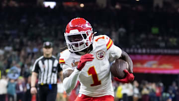 Feb 9, 2025; New Orleans, LA, USA;  Kansas City Chiefs wide receiver Xavier Worthy (1) against the Philadelphia Eagles in Super Bowl LIX at Ceasars Superdome. Mandatory Credit: Mark J. Rebilas-Imagn Images