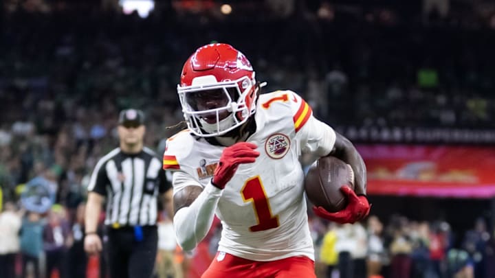 Feb 9, 2025; New Orleans, LA, USA; Kansas City Chiefs wide receiver Xavier Worthy (1) against the Philadelphia Eagles in Super Bowl LIX at Ceasars Superdome. Mandatory Credit: Mark J. Rebilas-Imagn Images