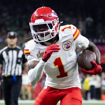 Feb 9, 2025; New Orleans, LA, USA;  Kansas City Chiefs wide receiver Xavier Worthy (1) against the Philadelphia Eagles in Super Bowl LIX at Ceasars Superdome. Mandatory Credit: Mark J. Rebilas-Imagn Images