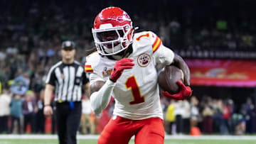 Feb 9, 2025; New Orleans, LA, USA;  Kansas City Chiefs wide receiver Xavier Worthy (1) against the Philadelphia Eagles in Super Bowl LIX at Ceasars Superdome. Mandatory Credit: Mark J. Rebilas-Imagn Images