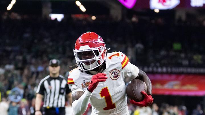 Feb 9, 2025; New Orleans, LA, USA;  Kansas City Chiefs wide receiver Xavier Worthy (1) against the Philadelphia Eagles in Super Bowl LIX at Ceasars Superdome. Mandatory Credit: Mark J. Rebilas-Imagn Images