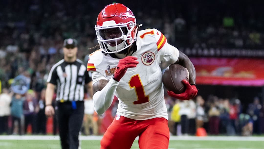 Feb 9, 2025; New Orleans, LA, USA;  Kansas City Chiefs wide receiver Xavier Worthy (1) against the Philadelphia Eagles in Super Bowl LIX at Ceasars Superdome. Mandatory Credit: Mark J. Rebilas-Imagn Images