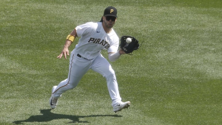 Aug 27, 2023; Pittsburgh, Pennsylvania, USA;  Pittsburgh Pirates right fielder Connor Joe (2) makes