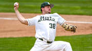 Michigan State's Tyler Horvath pitches to an Ohio State batter during the seventh inning on Friday, April 18, 2025, at McLane Stadium in East Lansing.