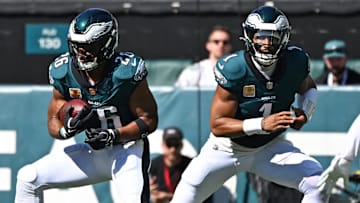 Philadelphia Eagles running back Saquon Barkley (26) looks for room to run during the first quarter against the Denver Broncos at Lincoln Financial Field.