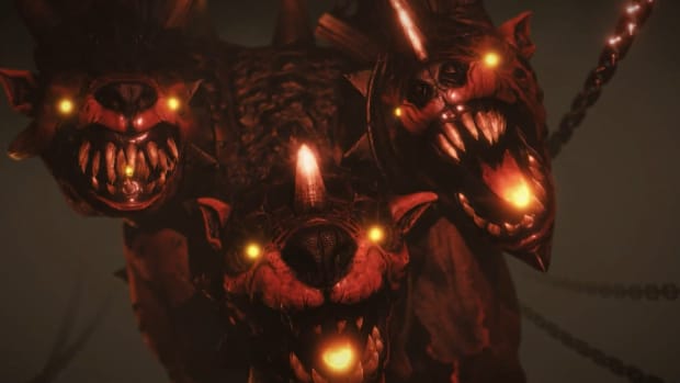Total War: Warhammer 3 screenshot of Karanak, a three-headed demon dog.
