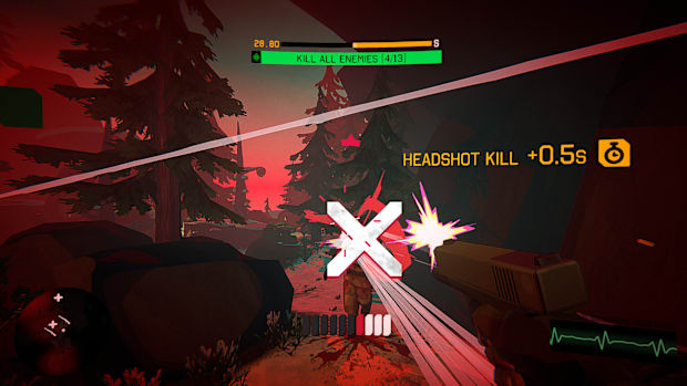 I Am Your Beast screnshot. First-person view of a man shooting an enemy in the head with red-tints around the screen's edge.