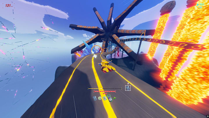 A girl running through a barren landspace with big fire lasers off to the side and a giant multi-pronged obstacle ahead.