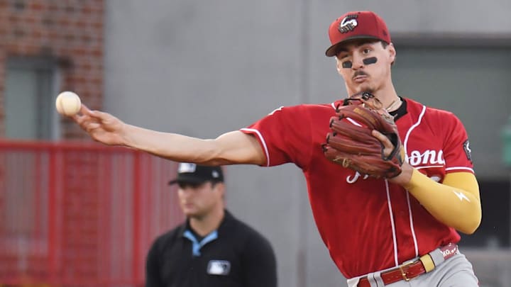 Altoona Curve infielder Konnor Griffin warms up between innings during an Eastern League playoff baseball game against the Erie SeaWolves at UPMC Park in Erie on Sept. 18, 2025.