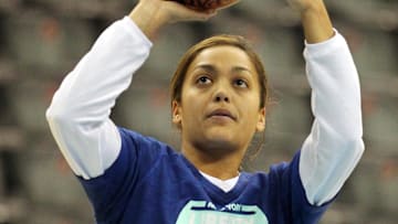 May 22, 2012; Newark, NJ, USA; New York Liberty guard Leilani Mitchell (5) warms up before a game against the Minnesota Lynx at the Prudential Center. Mandatory Credit: Brad Penner-Imagn Images