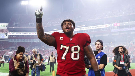 Jan 15, 2024; Tampa, Florida, USA; Tampa Bay Buccaneers offensive tackle Tristan Wirfs (78) reacts after a victory against the Philadelphia Eagles in a 2024 NFC wild card game at Raymond James Stadium. Mandatory Credit: Kim Klement Neitzel-USA TODAY Sports