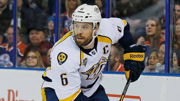 Mar 14, 2016; Edmonton, Alberta, CAN; Nashville Predators defensemen Shea Webber (6) tries to make a pass against the Edmonton Oilers at Rexall Place. Mandatory Credit: Perry Nelson-USA TODAY Sports Mar 14, 2016; Edmonton, Alberta, CAN; Nashville Predators defensemen Shea Webber (6) tries to make a pass against the Edmonton Oilers at Rexall Place. Mandatory Credit: Perry Nelson-USA TODAY Sports