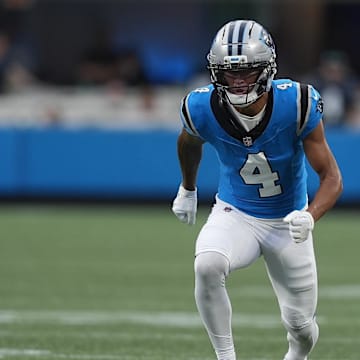 Aug 8, 2025; Charlotte, North Carolina, USA; Carolina Panthers wide receiver Tetairoa McMillan (4) starts his route during the first quarter against the Cleveland Browns at Bank of America Stadium. Mandatory Credit: Jim Dedmon-Imagn Images