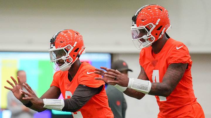 Quarterbacks Shedeur Sanders and Deshaun Watson at the Browns OTA camp in Berea on May 20, 2026.