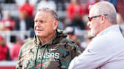 Arkansas coach Sam Pittman with athletics director Hunter Yurachek before the game against Louisiana Tech. 