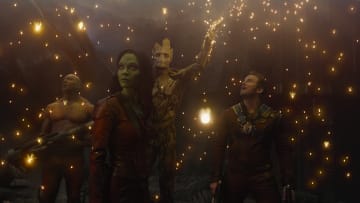Marvel's Guardians Of The Galaxy..L to R: Drax the Destroyer (Dave Bautista), Gamora (Zoe Saldana), Groot (voiced by Vin Diesel) and Peter Quill/Star-Lord (Chris Pratt)..Ph: Film Frame..©Marvel 2014