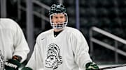 Michigan State's Tiernan Shoudy smiles during hockey practice on Thursday, Sept. 25, 2025, at Munn Arena in East Lansing.