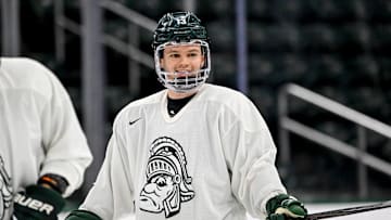 Michigan State's Tiernan Shoudy smiles during hockey practice on Thursday, Sept. 25, 2025, at Munn Arena in East Lansing.