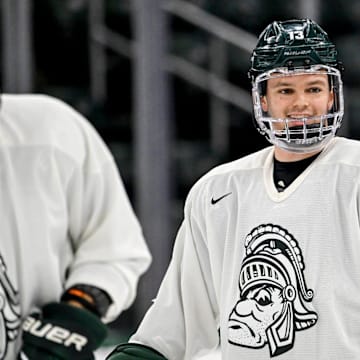 Michigan State's Tiernan Shoudy smiles during hockey practice on Thursday, Sept. 25, 2025, at Munn Arena in East Lansing.