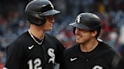 Chicago White Sox shortstop Colson Montgomery (12) celebrates with catcher Kyle Teel (8) after hitting a two-run home run against the Washington Nationals at Nationals Park. 