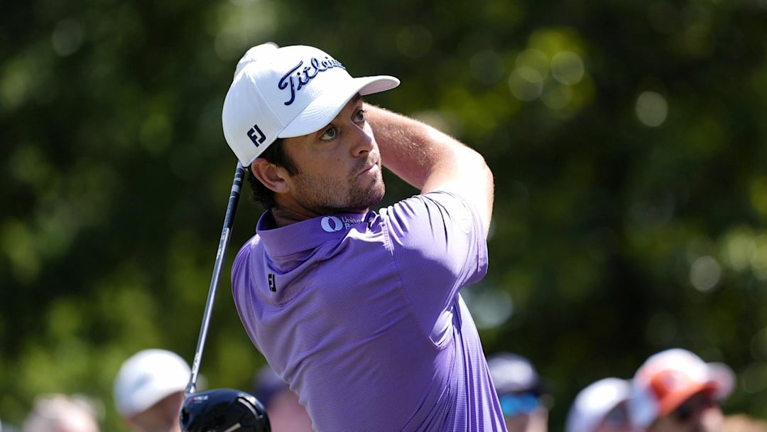 May 18, 2025; Charlotte, North Carolina, USA; Davis Riley tees off on the third hole during the final round of the PGA Championship golf tournament at Quail Hollow. May 18, 2025; Charlotte, North Carolina, USA; Davis Riley tees off on the third hole during the final round of the PGA Championship golf tournament at Quail Hollow.