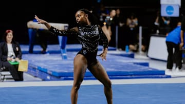 United States; Missouri gymnast Hannah Horton poses during her floor routine.