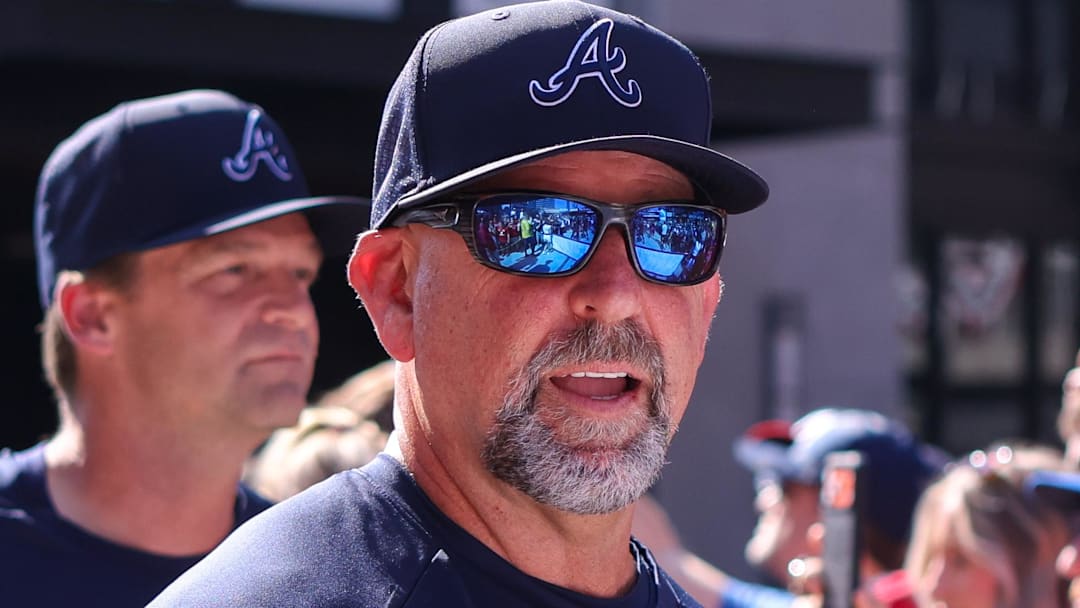 Mar 27, 2026; Atlanta, Georgia, USA; Atlanta Braves manager Walt Weiss (4) walks in a parade before a game against the Kansas City Royals on opening day at Truist Park. Mar 27, 2026; Atlanta, Georgia, USA; Atlanta Braves manager Walt Weiss (4) walks in a parade before a game against the Kansas City Royals on opening day at Truist Park.