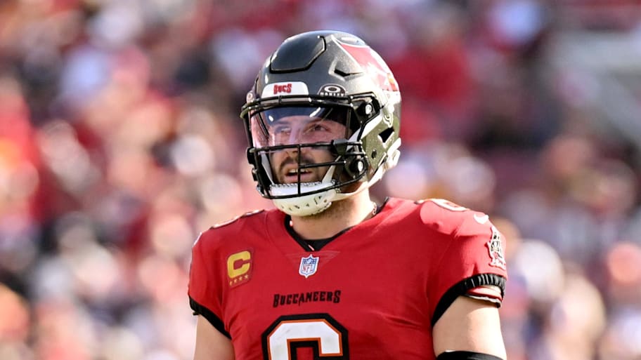 Tampa Bay Buccaneers quarterback Baker Mayfield looks on in the second half against the New Orleans Saints. | Jonathan Dyer-Imagn Images