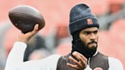 Dec 7, 2025; Cleveland, Ohio, USA; Cleveland Browns quarterback Shedeur Sanders (12) warms up before the game against the Tennessee Titans at Huntington Bank Field.
