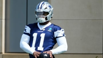 Jun 5, 2024; Frisco, TX, USA;  Dallas Cowboys linebacker Micah Parson (11) warms up during practice at the Ford Center at the Star Training Facility in Frisco, Texas. Mandatory Credit: Chris Jones-USA TODAY Sports
