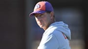 Clemson head coach Dabo Swinney watches during the football practice at the Allen N. Reeves Football Complex at Clemson University in Clemson, S.C. Monday, March 3, 2025