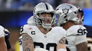 Nov 30, 2025; Inglewood, California, USA; Las Vegas Raiders defensive end Maxx Crosby (98) reacts during the second half at SoFi Stadium. Mandatory Credit: Kiyoshi Mio-Imagn Images