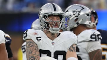 Nov 30, 2025; Inglewood, California, USA; Las Vegas Raiders defensive end Maxx Crosby (98) reacts during the second half at SoFi Stadium. Mandatory Credit: Kiyoshi Mio-Imagn Images