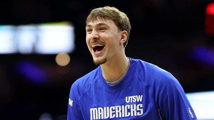 Dec 20, 2025; Philadelphia, Pennsylvania, USA; Dallas Mavericks forward Cooper Flagg reacts during warm ups against the Philadelphia 76ers at Xfinity Mobile Arena. Mandatory Credit: Bill Streicher-Imagn Images