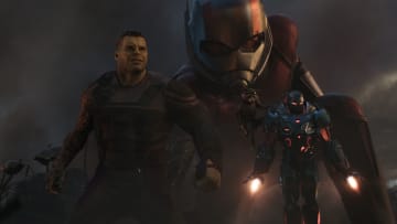 Marvel Studios' AVENGERS: ENDGAME..L to R: Hulk (Mark Ruffalo), Giant Man (Paul Rudd), Rocket (voiced by Bradley Cooper) and War Machine (Don Cheadle)..Photo: Film Frame..©Marvel Studios 2019