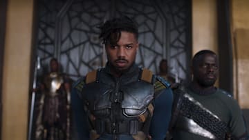 Marvel Studios' BLACK PANTHER..L to R: Erik Killmonger (Michael B. Jordan) and W'Kabi (Daniel Kaluuya)..Ph: Film Frame..©Marvel Studios 2018