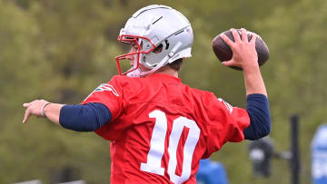 May 11, 2024; Foxborough, MA, USA; New England Patriots quarterback Drake Maye (10) throws a pass at the New England Patriots rookie camp at Gillette Stadium.  Mandatory Credit: Eric Canha-USA TODAY Sports